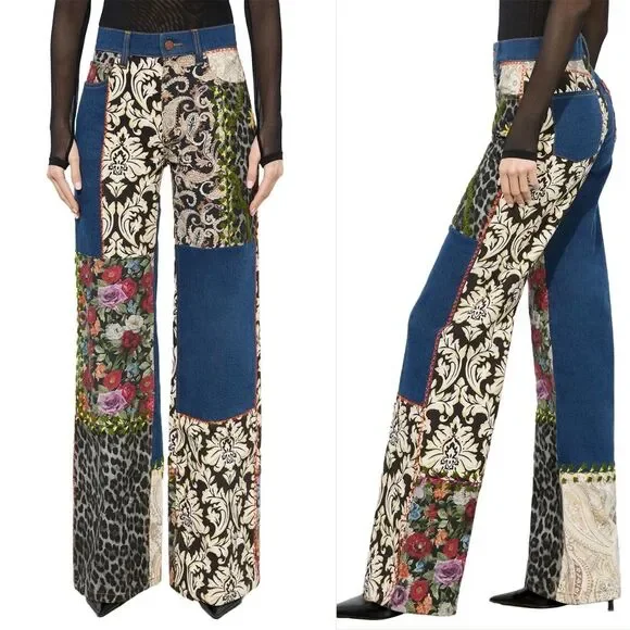 ALICE + OLIVIA Weezy Patchwork Mixed Media Jeans - Picture 3 of 11